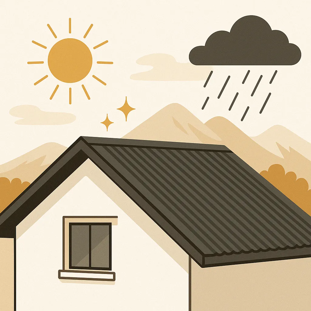Roof with premium protective coating system deflecting environmental elements